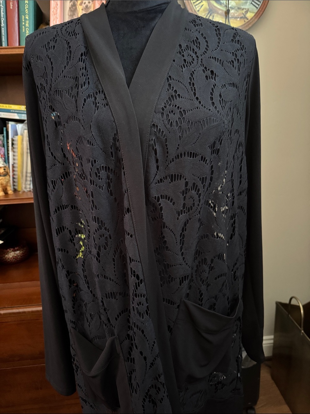 Colleen Lopez Black Lace Knit Open Cardigan NWT